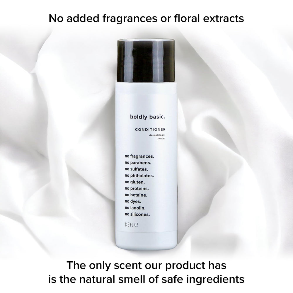 Boldly Basic conditioner on bathroom shelf suggesting a fragrance-free daily routine