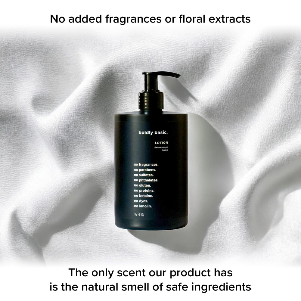 Boldly Basic bottle on bathroom counter illustrating tidy, everyday use