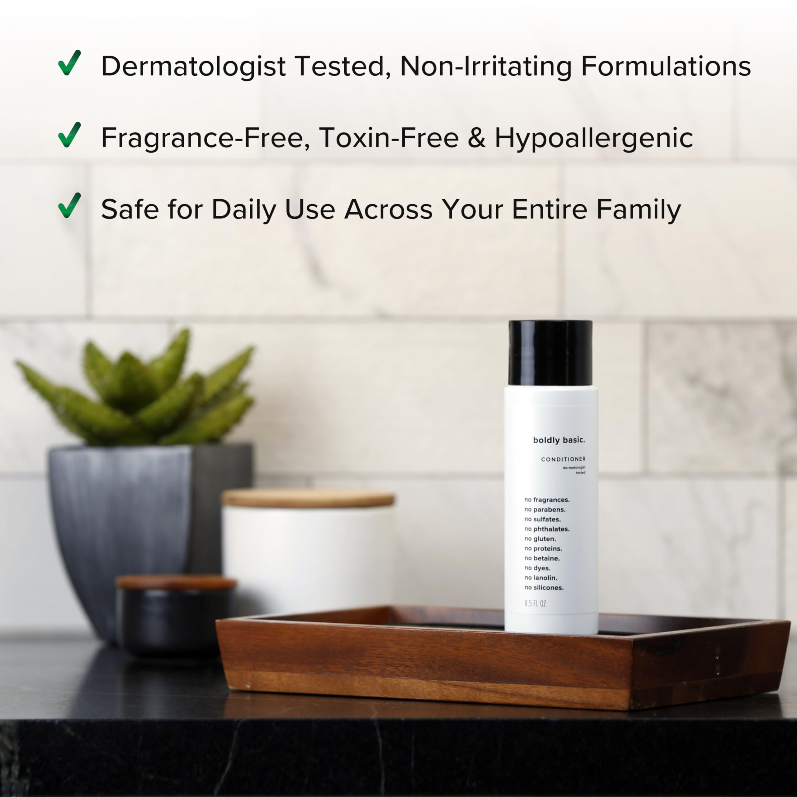 Boldly Basic close-up ingredient label highlighting dermatologist-tested and toxin-free benefits