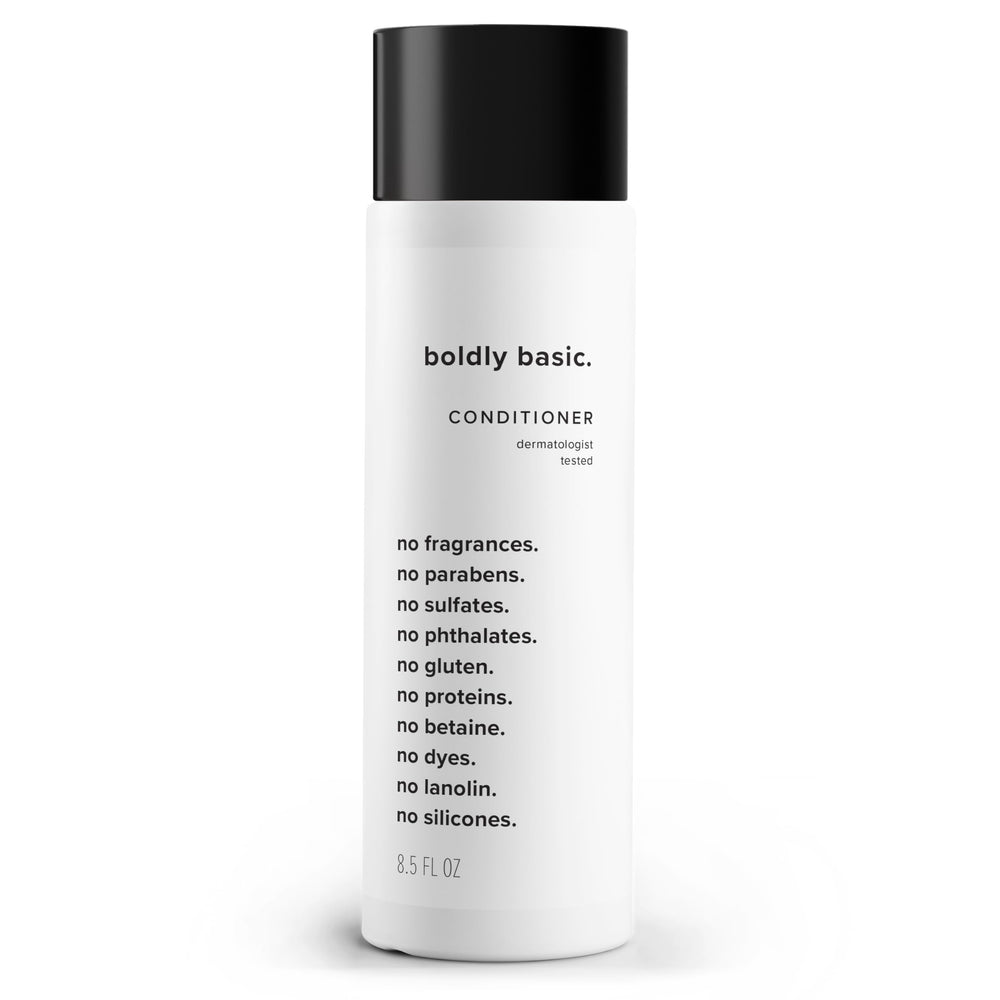 Boldly Basic front label showing unscented conditioner and clean formulation benefits