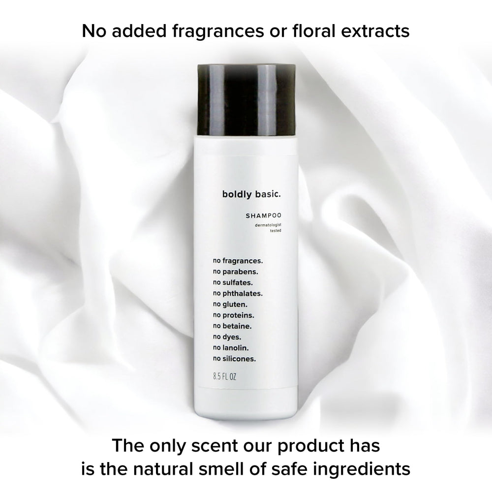 Boldly Basic shampoo paired with conditioner and lotion showing coordinated routine benefit