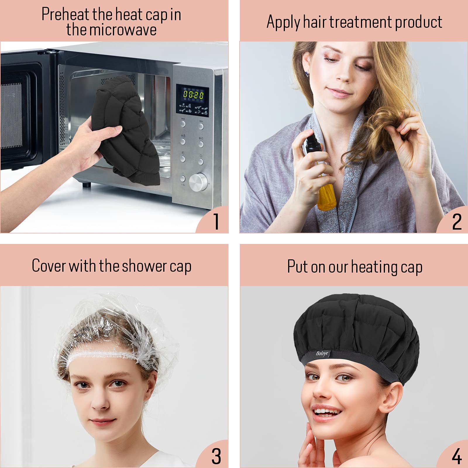 Boloye cap worn on curly hair demonstrating hands-free conditioning