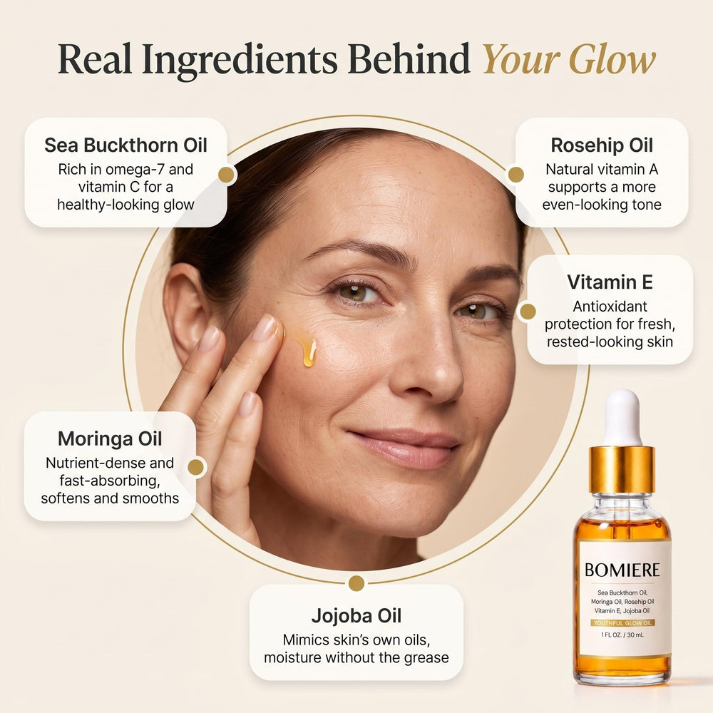 Bomiere with sea buckthorn berries and rosehip highlighting nutrient-rich botanicals