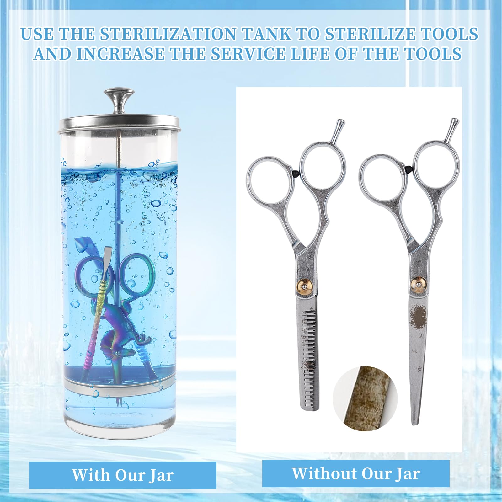 BOMOQING jar with manicure and barber tools in basket demonstrating safe soaking
