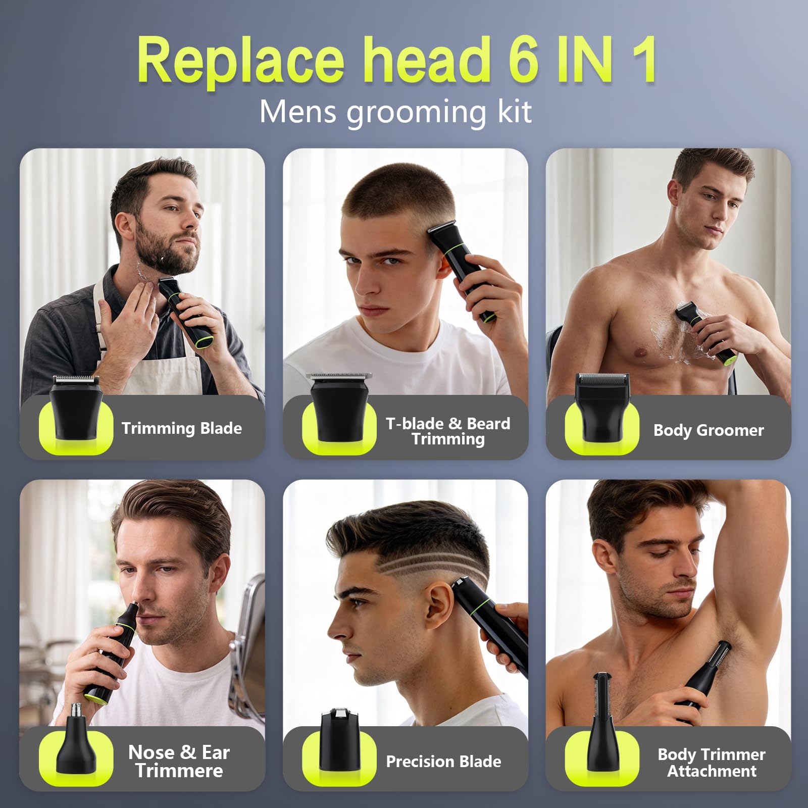 Bomxin magnetic heads array displaying six interchangeable grooming tools