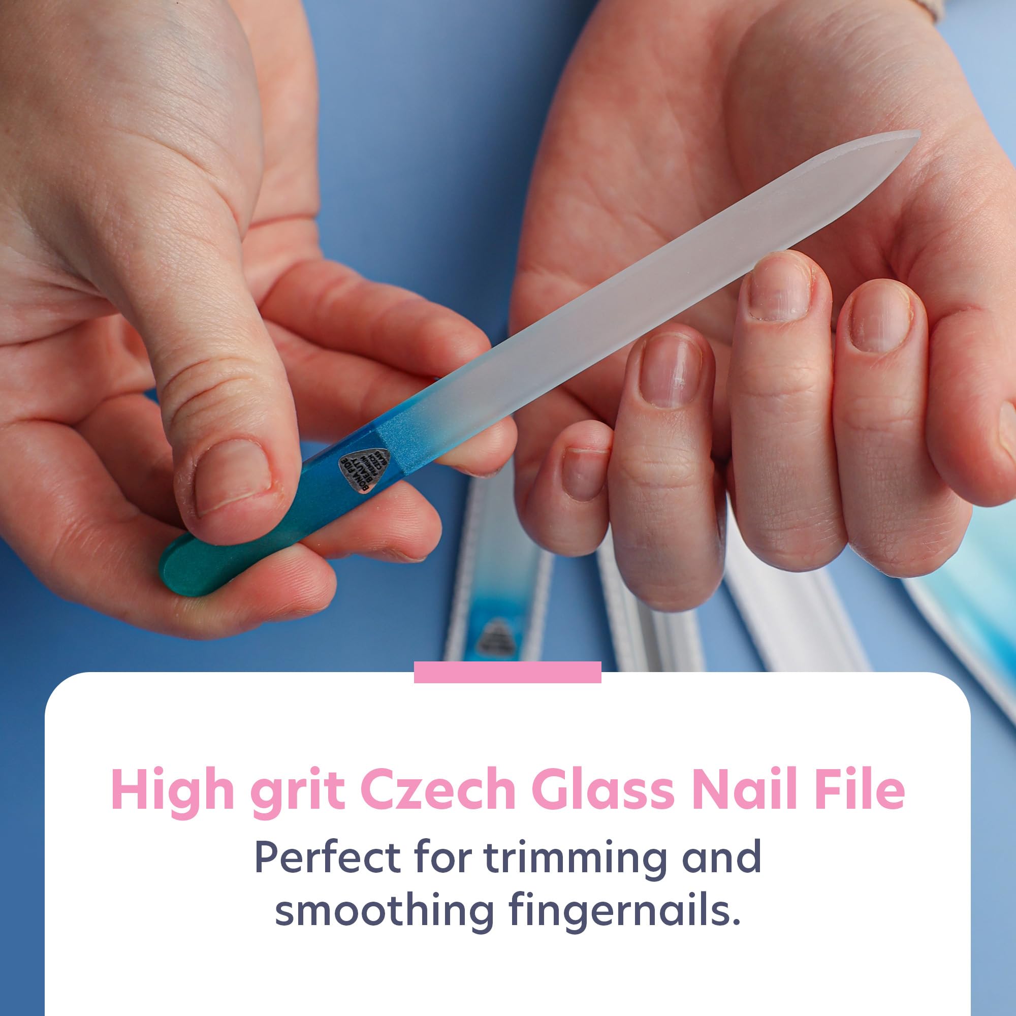 Bona Fide Beauty glass cuticle pusher angled tip for accurate, gentle cuticle work