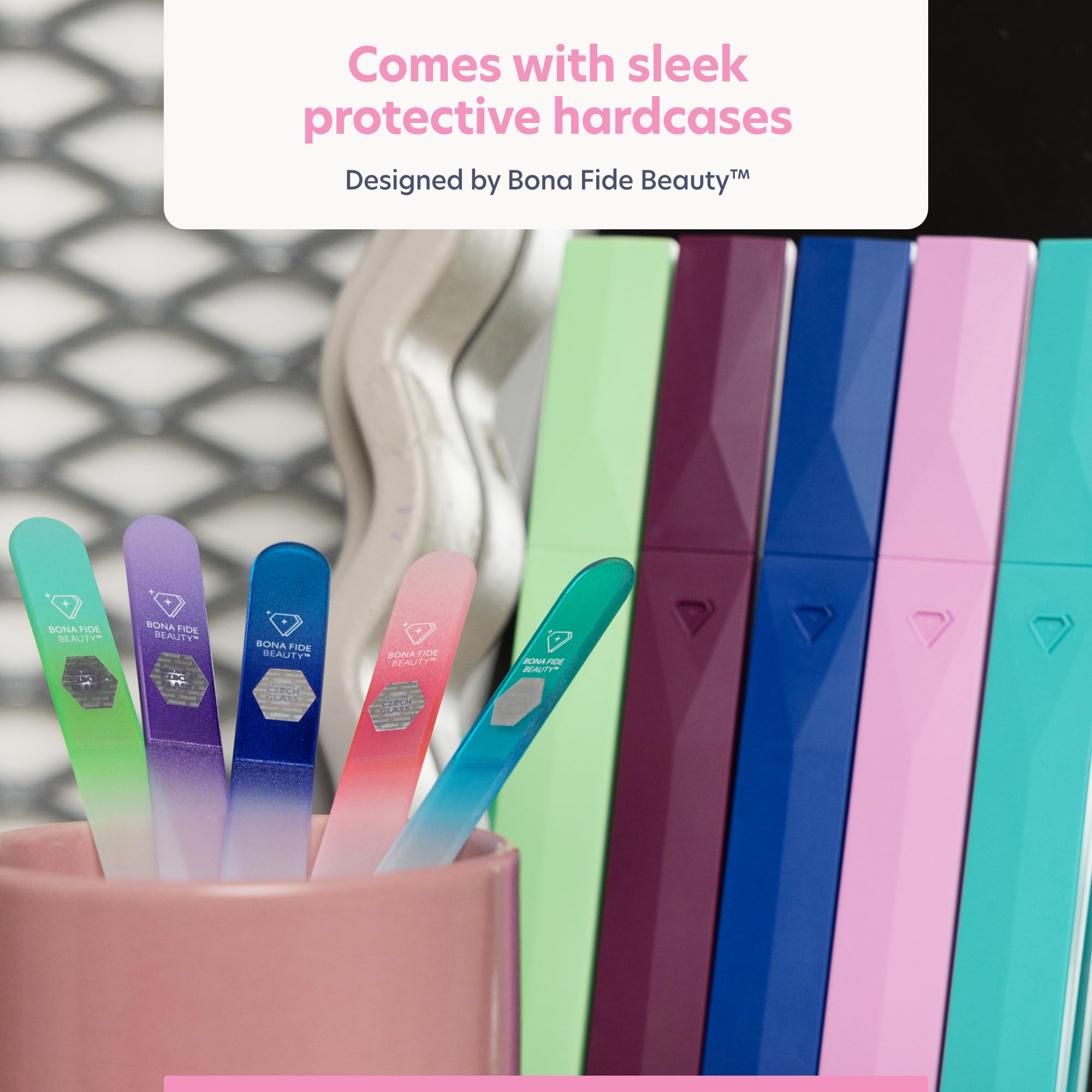 BONA FIDE BEAUTY nail files arranged on vanity illustrating home salon styling benefit
