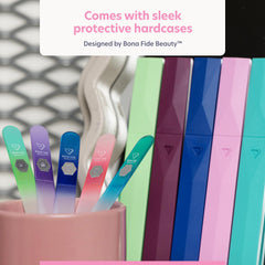 BONA FIDE BEAUTY nail files arranged on vanity illustrating home salon styling benefit