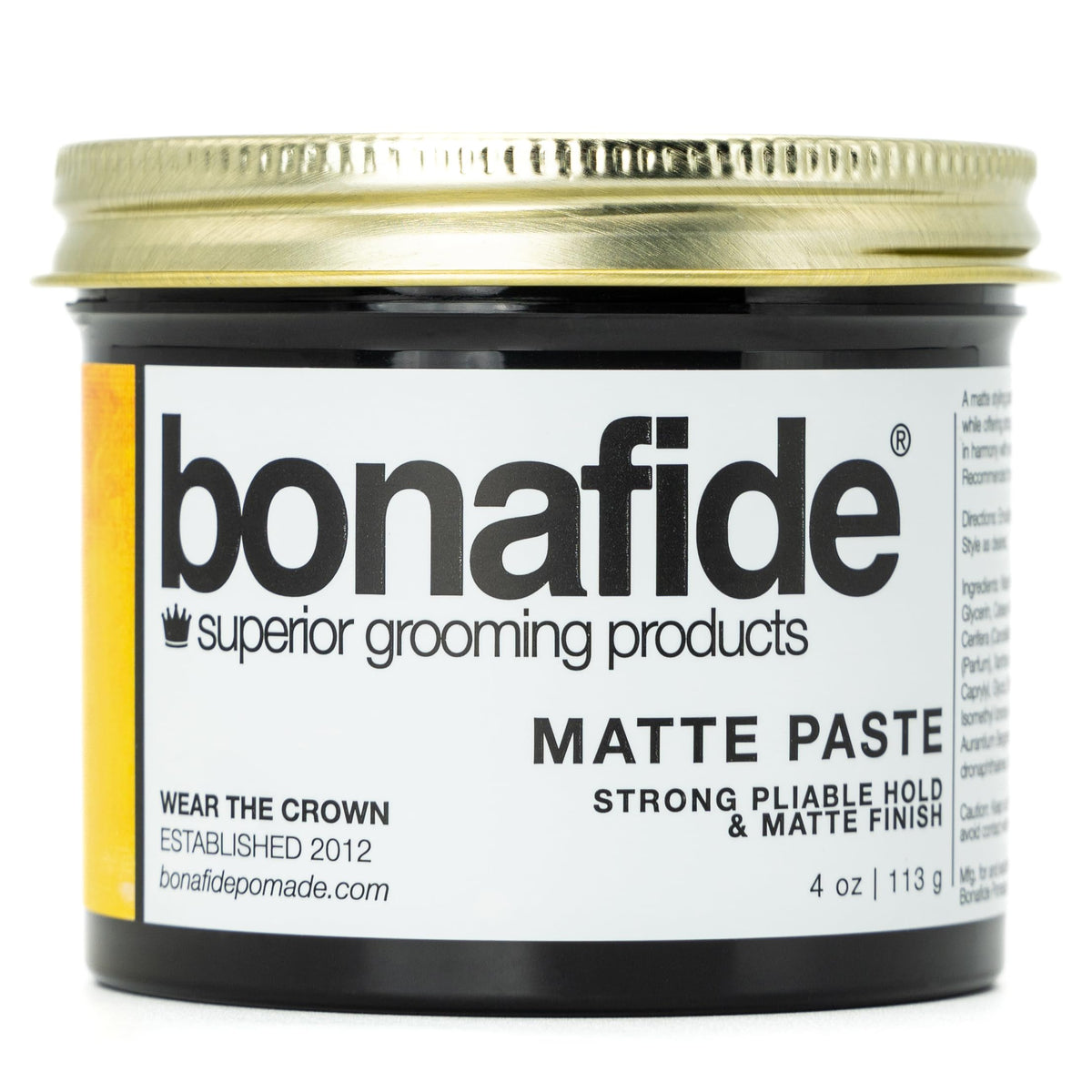 Bona Fide Pomade front label showing product name and matte paste benefit