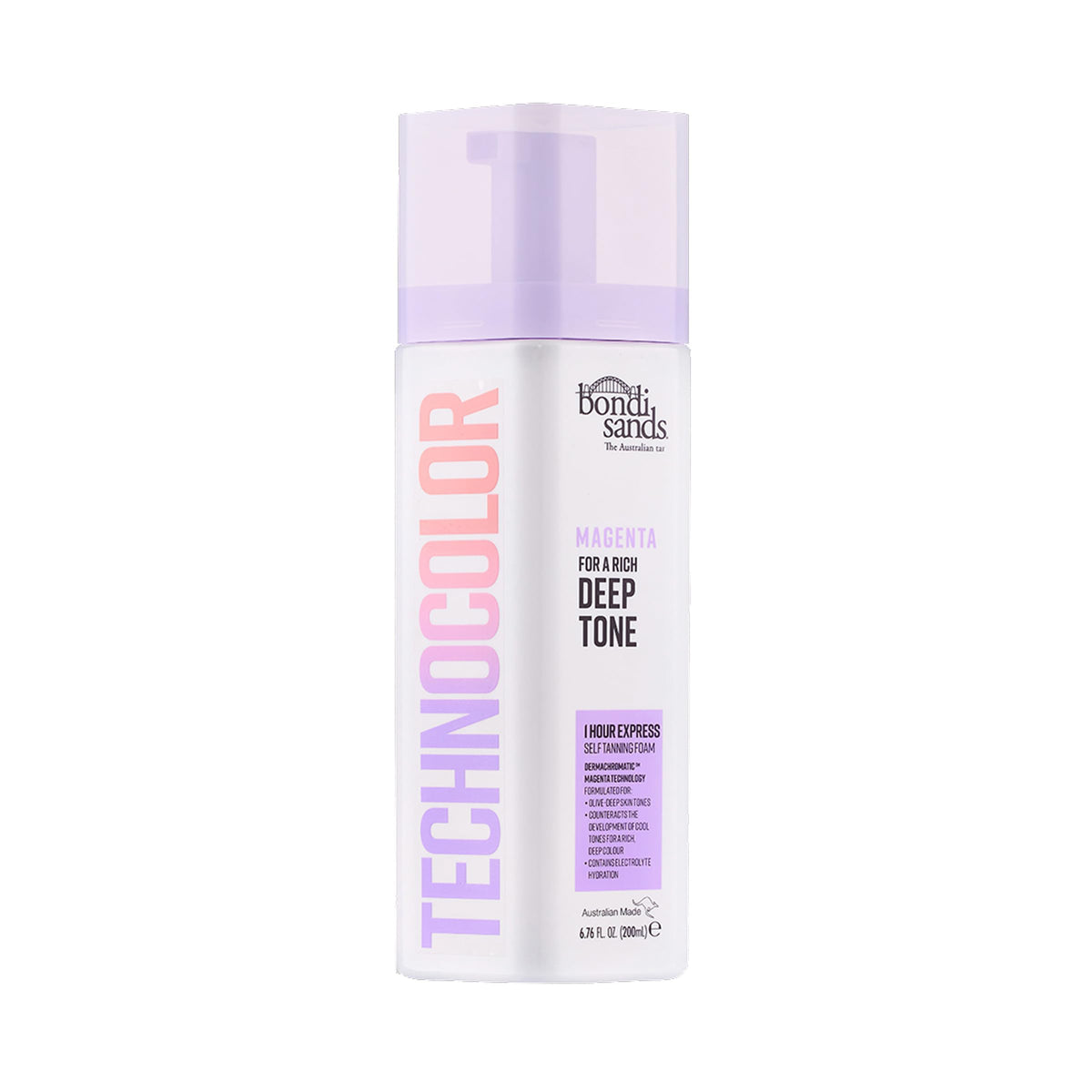Bondi Sands front packaging showing magenta foam and 6.76 oz size benefit
