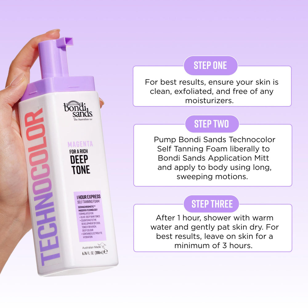 Bondi Sands label close-up showing active tanning ingredients and clarity benefit