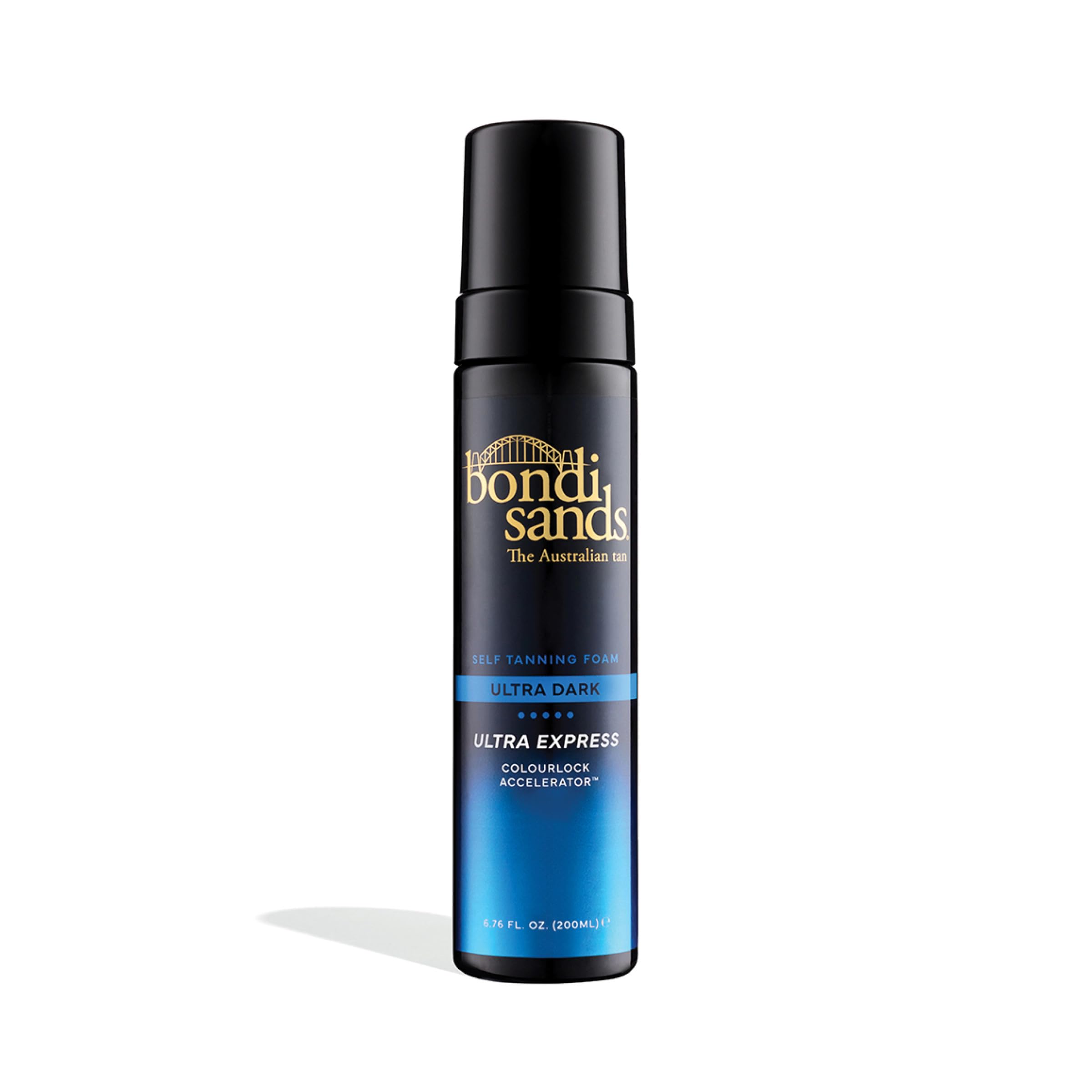 Bondi Sands bottle front view showing Ultra Express Ultra Dark benefits