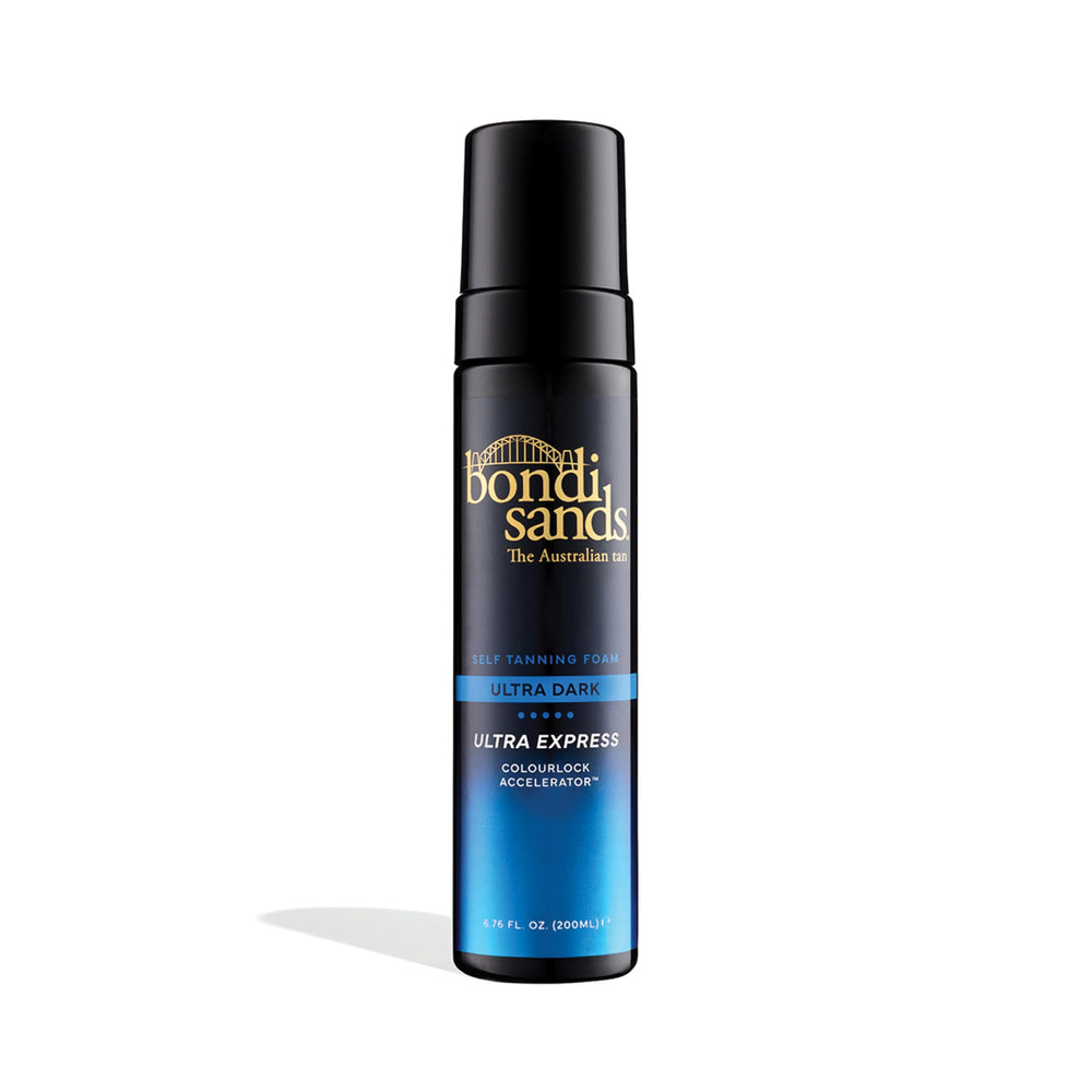 Bondi Sands bottle front view showing Ultra Express Ultra Dark benefits