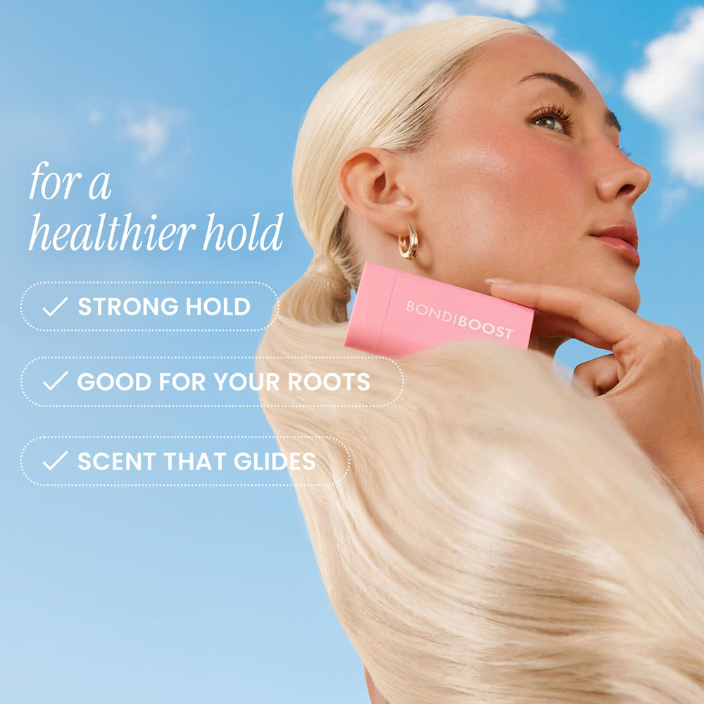 BONDIBOOST applying stick to hairline, tames flyaways for polished finish
