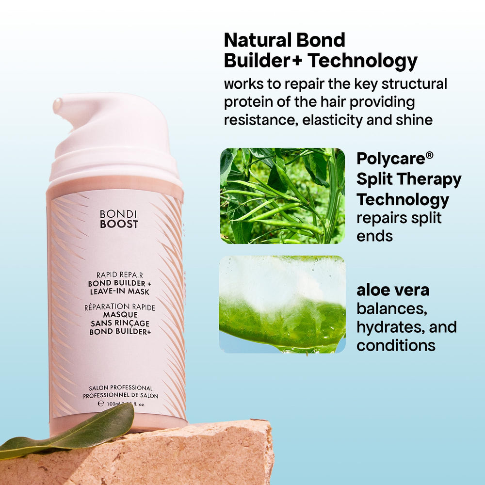 BONDIBOOST bottle paired with matching shampoo and oil for full repair routine benefit
