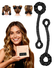 BONNET QUEEN front view of two medium satin heatless curlers showing packaging and benefit