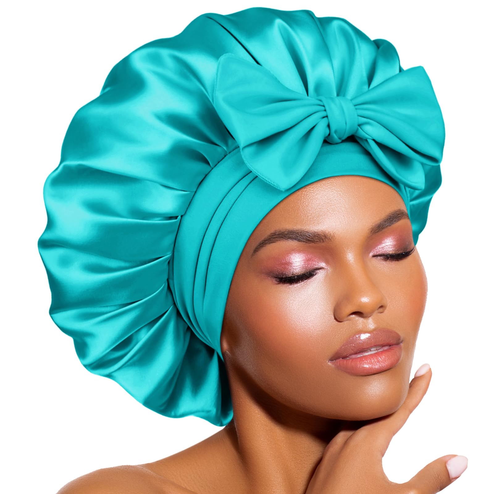 BONNET QUEEN front view aqua blue bonnet showing secure fit and style