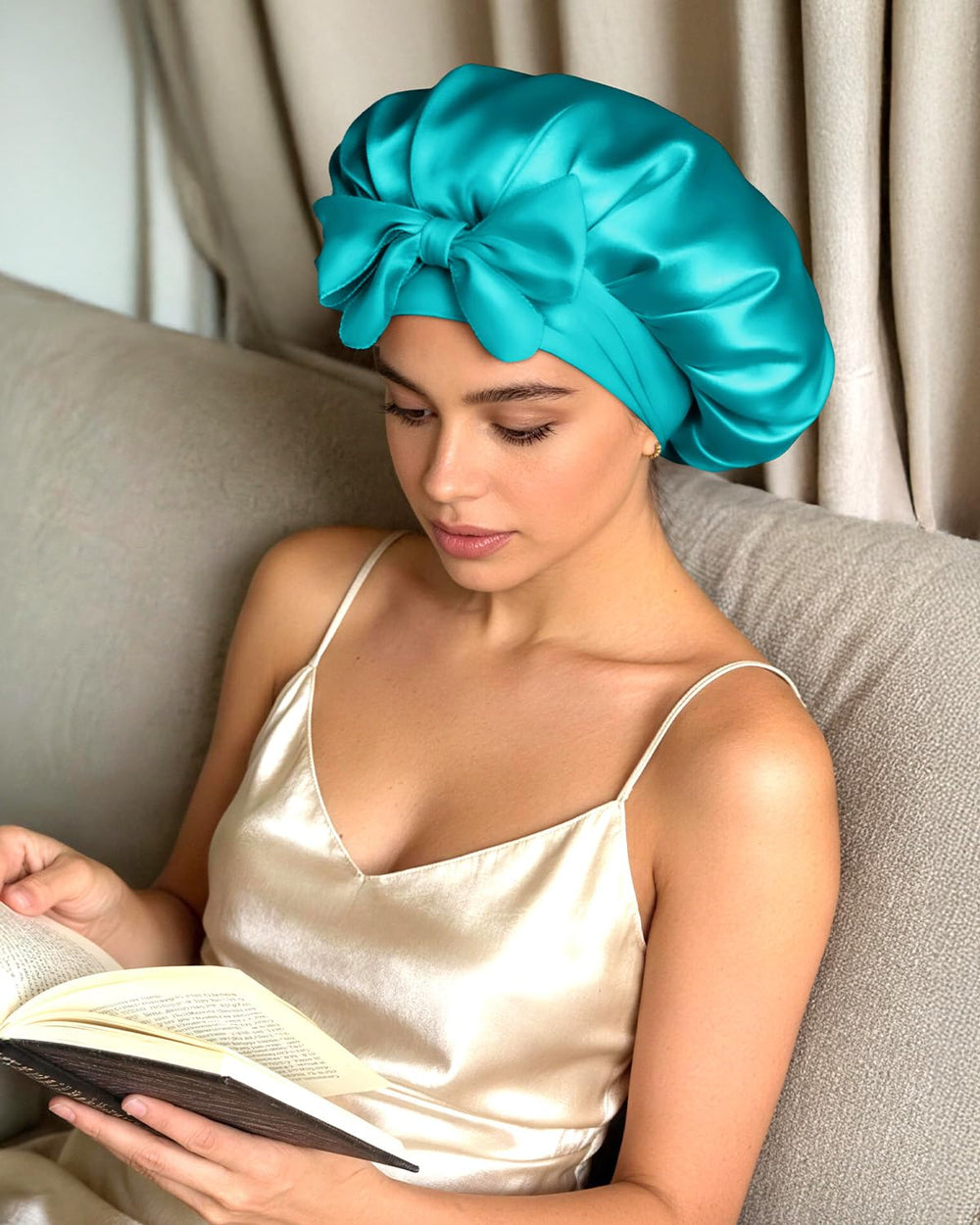 BONNET QUEEN styled with a forehead bow for a fashionable look