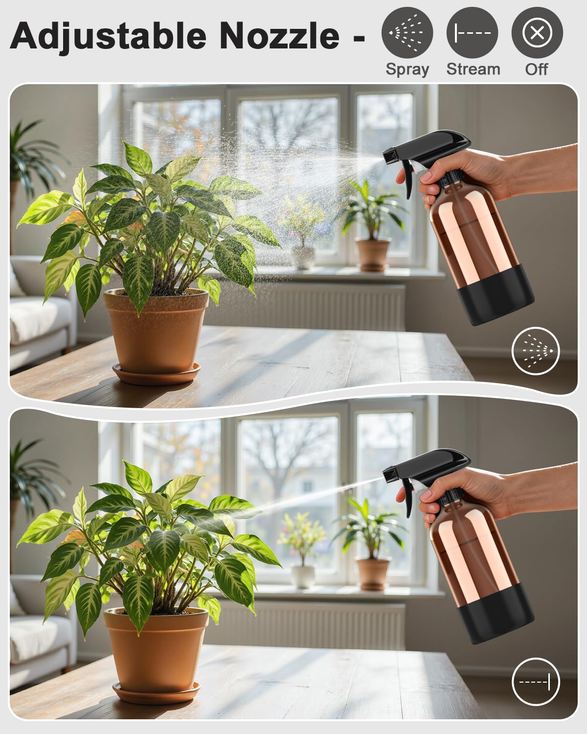 Bontip spray nozzle detail demonstrating adjustable mist-to-stream control and leak resistance