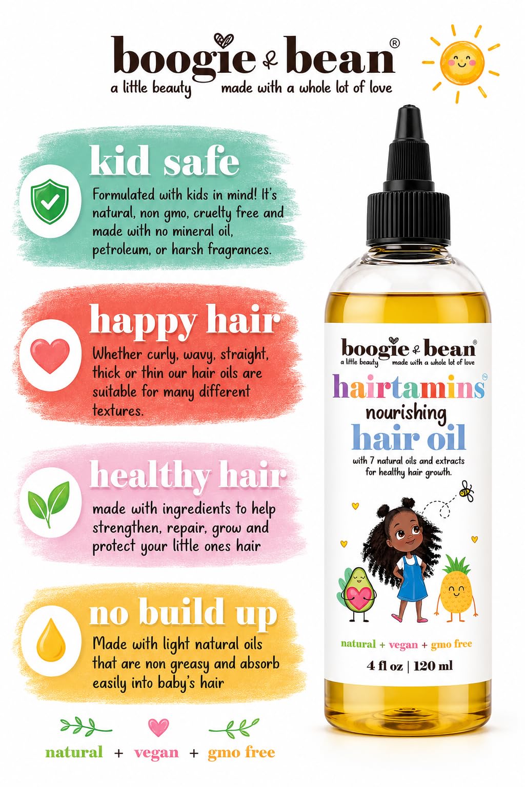 Boogie and Bean applied to an infant's hair illustrating gentle moisturizing and scalp care