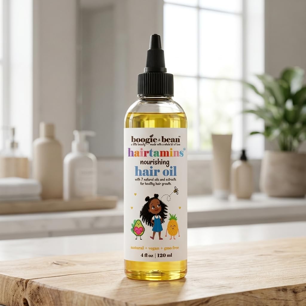 Boogie and Bean with ingredient bottles highlighting plant oils like coconut and jojoba for nourishment