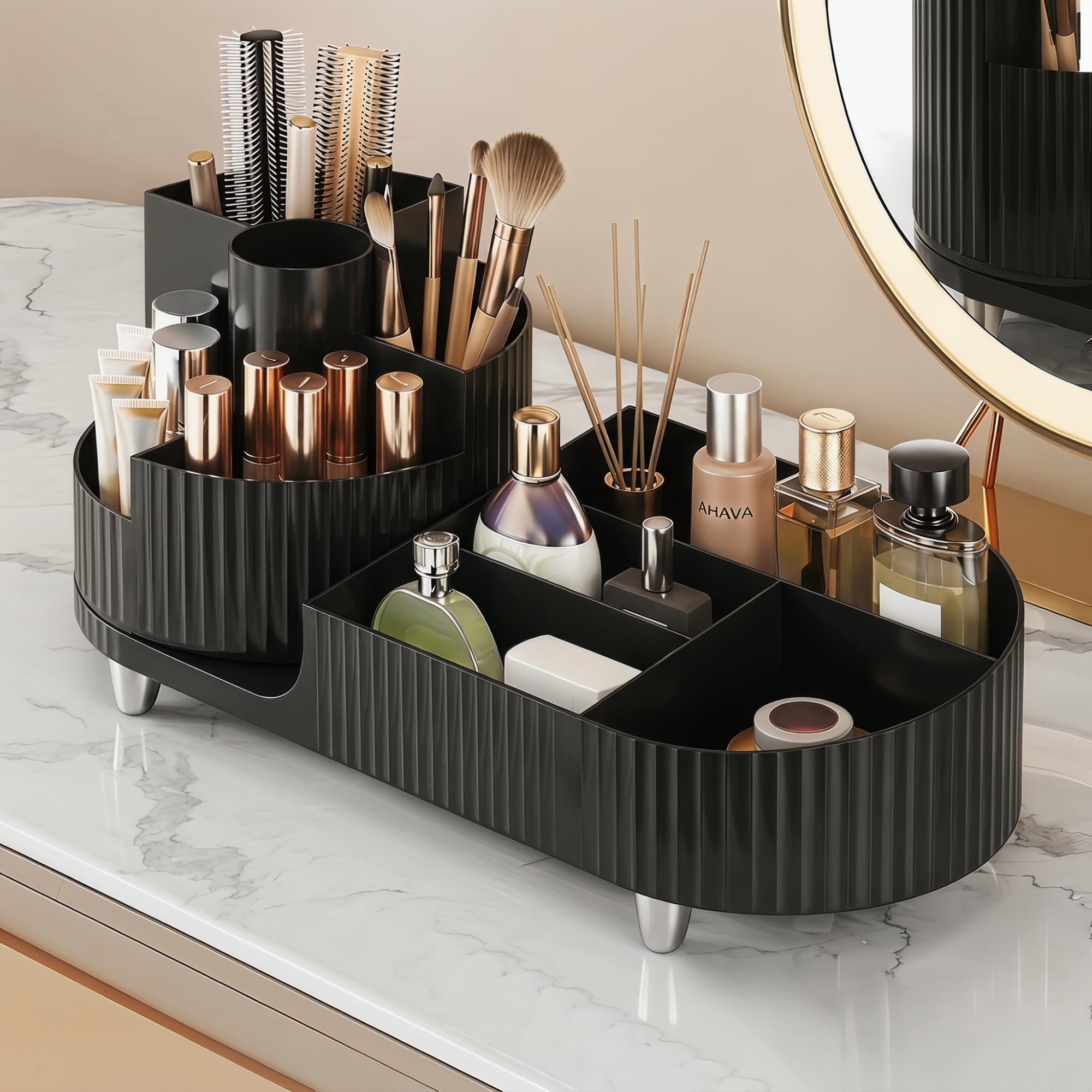 Booklov front view showing compact black organizer keeps countertop tidy
