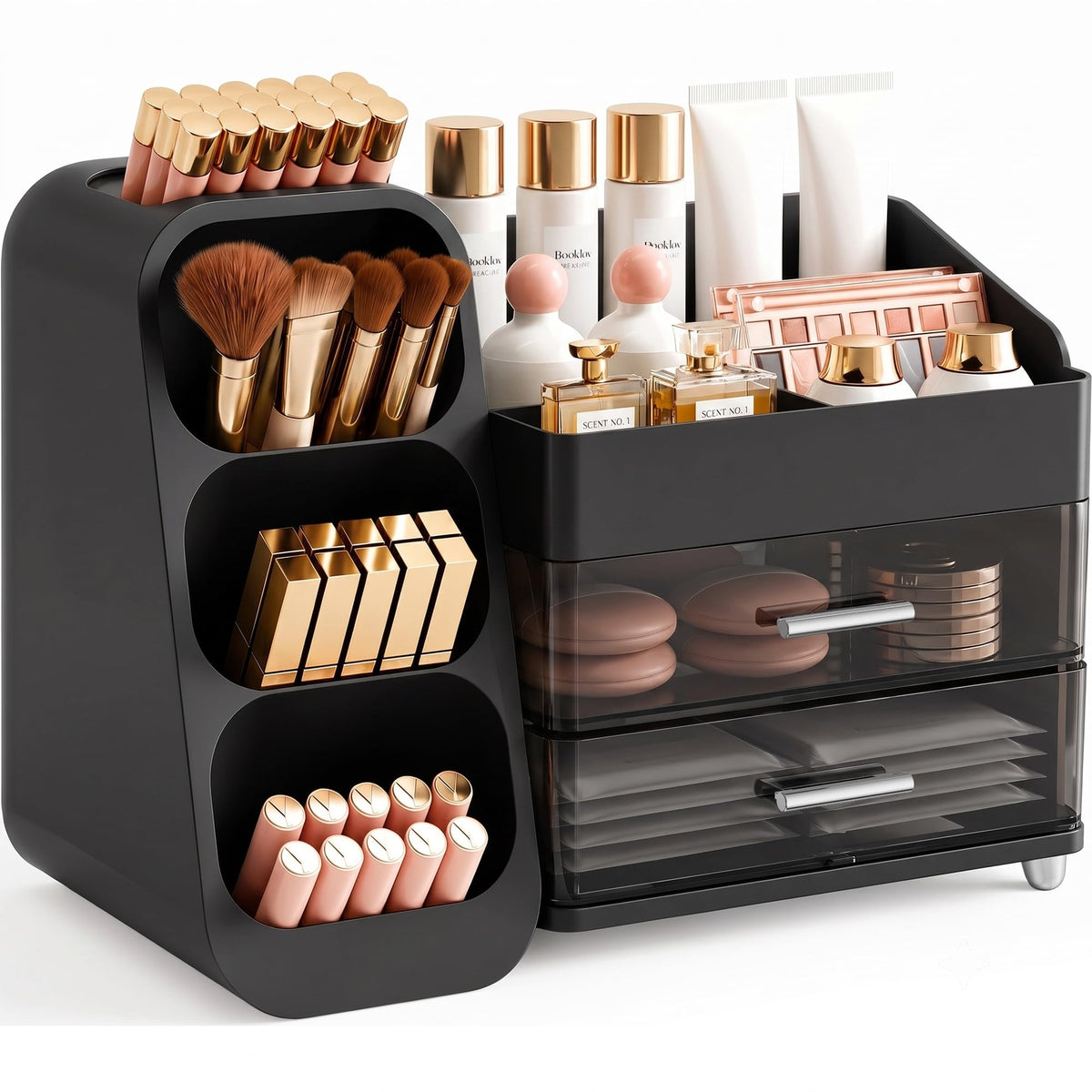 Booklov front view of organizer showing neat countertop storage and quick access