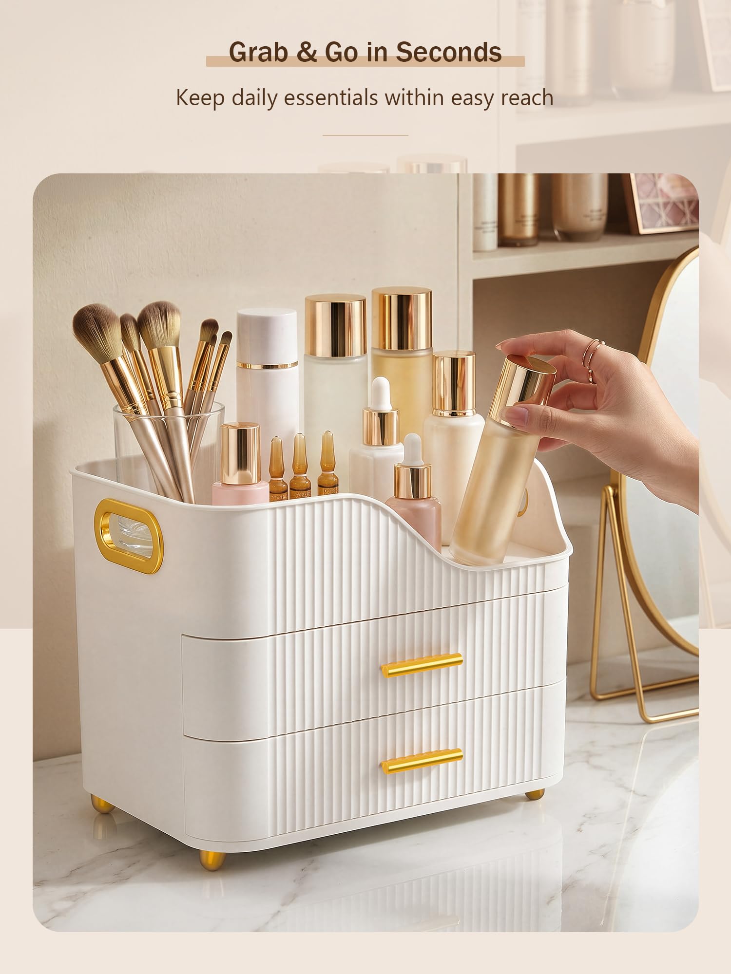 Booklov on a vanity in lifestyle scene creating an attractive clutter-free surface benefit