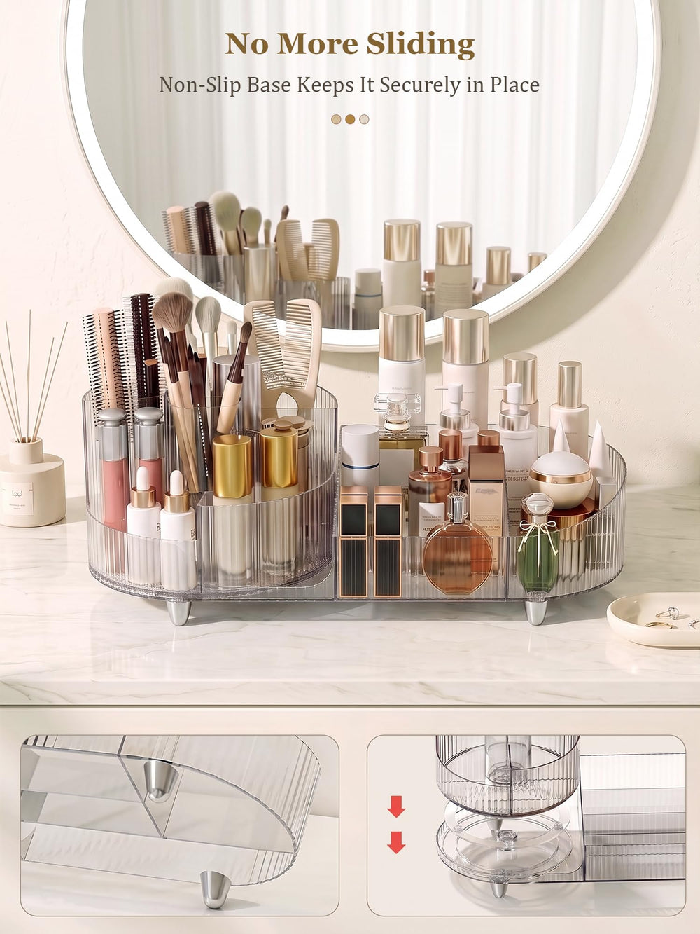 Booklov side profile displaying tall skincare bottles neatly stored