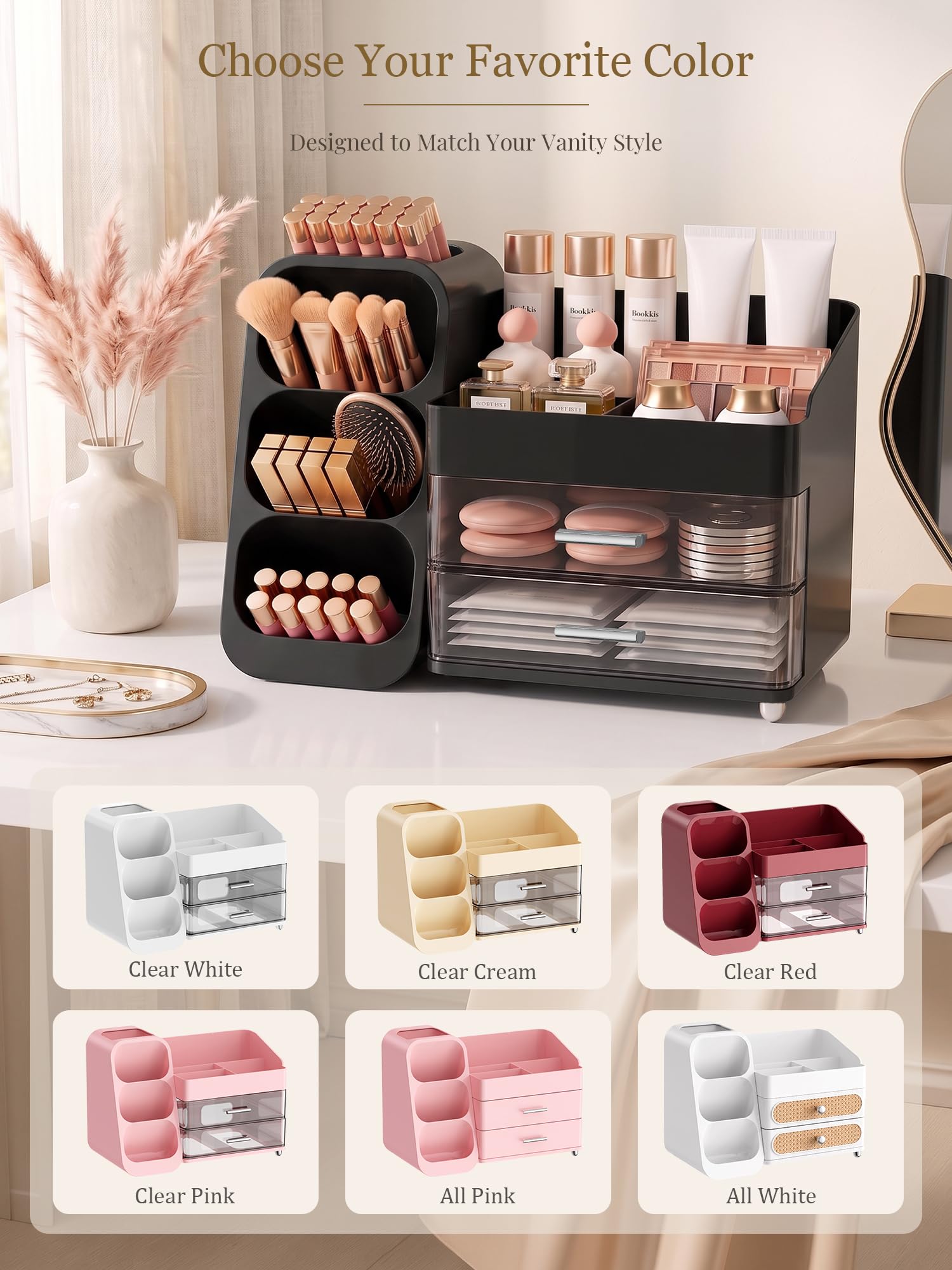 Booklov size comparison beside bottles and brushes showing compact yet spacious capacity