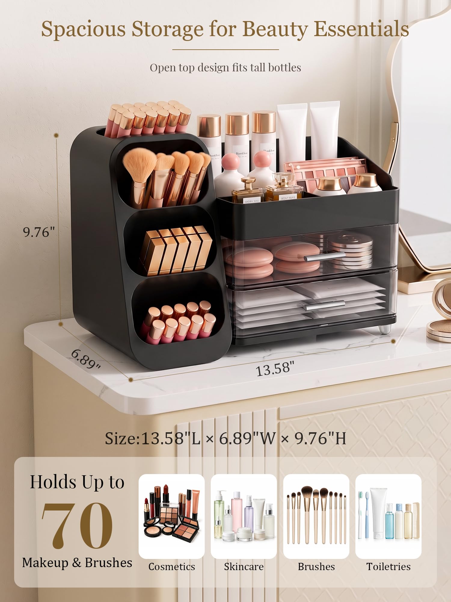 Booklov top compartments and dedicated slots organizing brushes and lipsticks efficiently