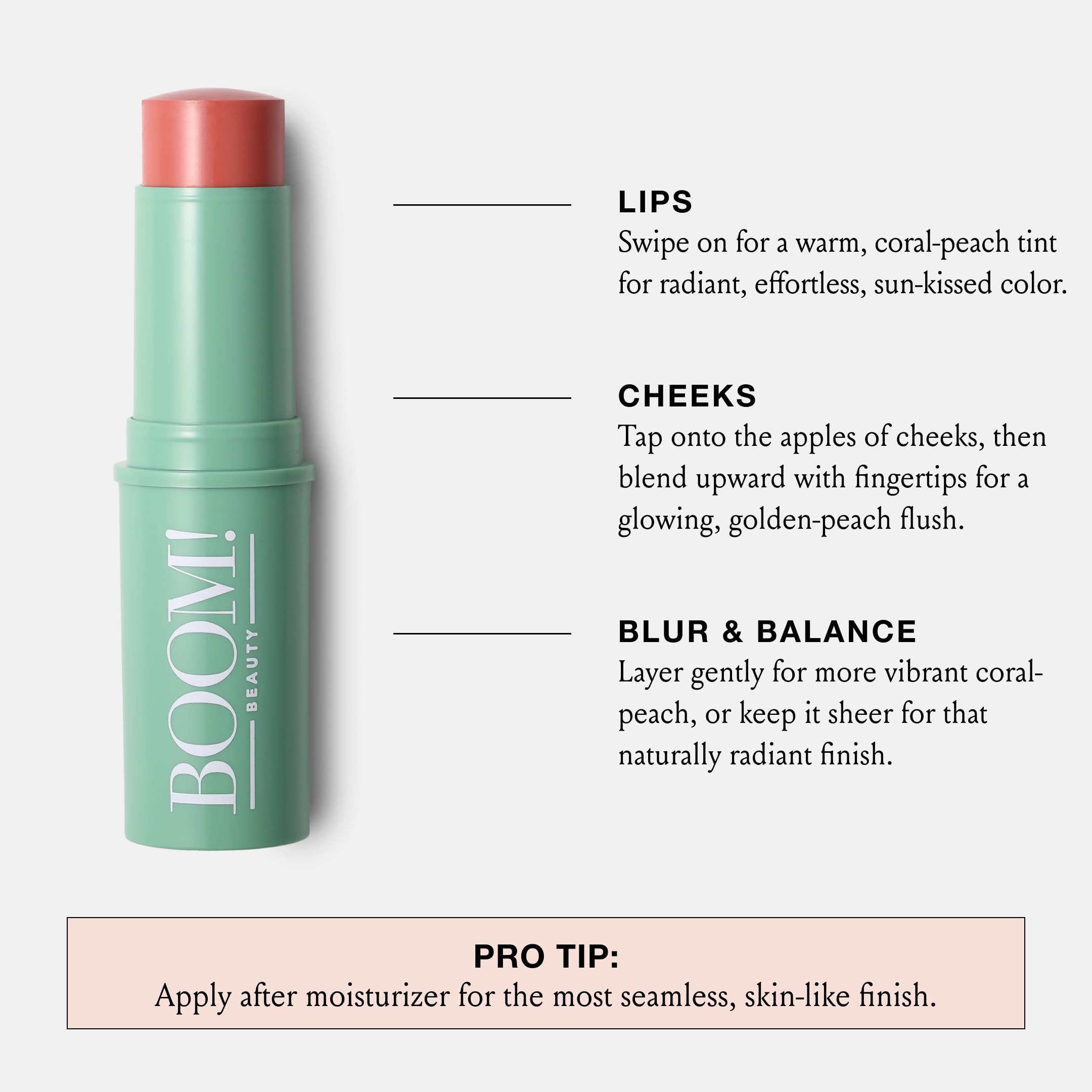 BOOM! by Cindy Joseph applying stick to cheeks for hydrated, natural-looking color