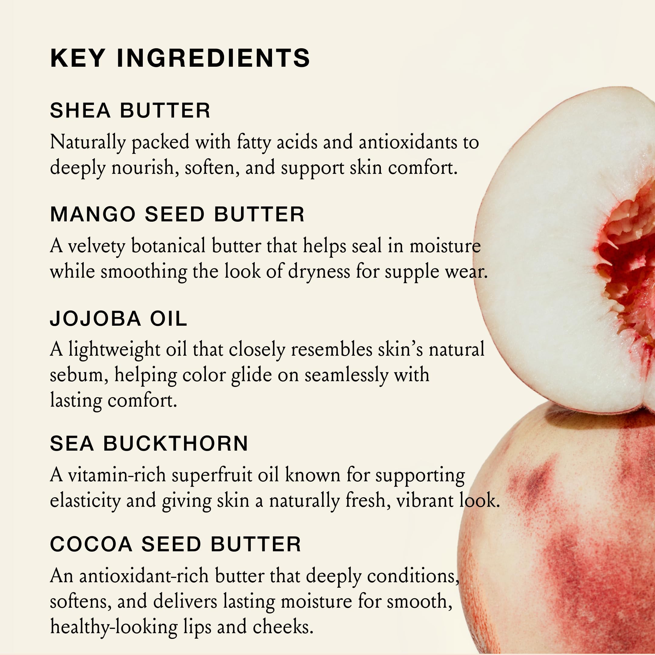 BOOM! by Cindy Joseph natural ingredients display of mango and jojoba emphasizing nourishment