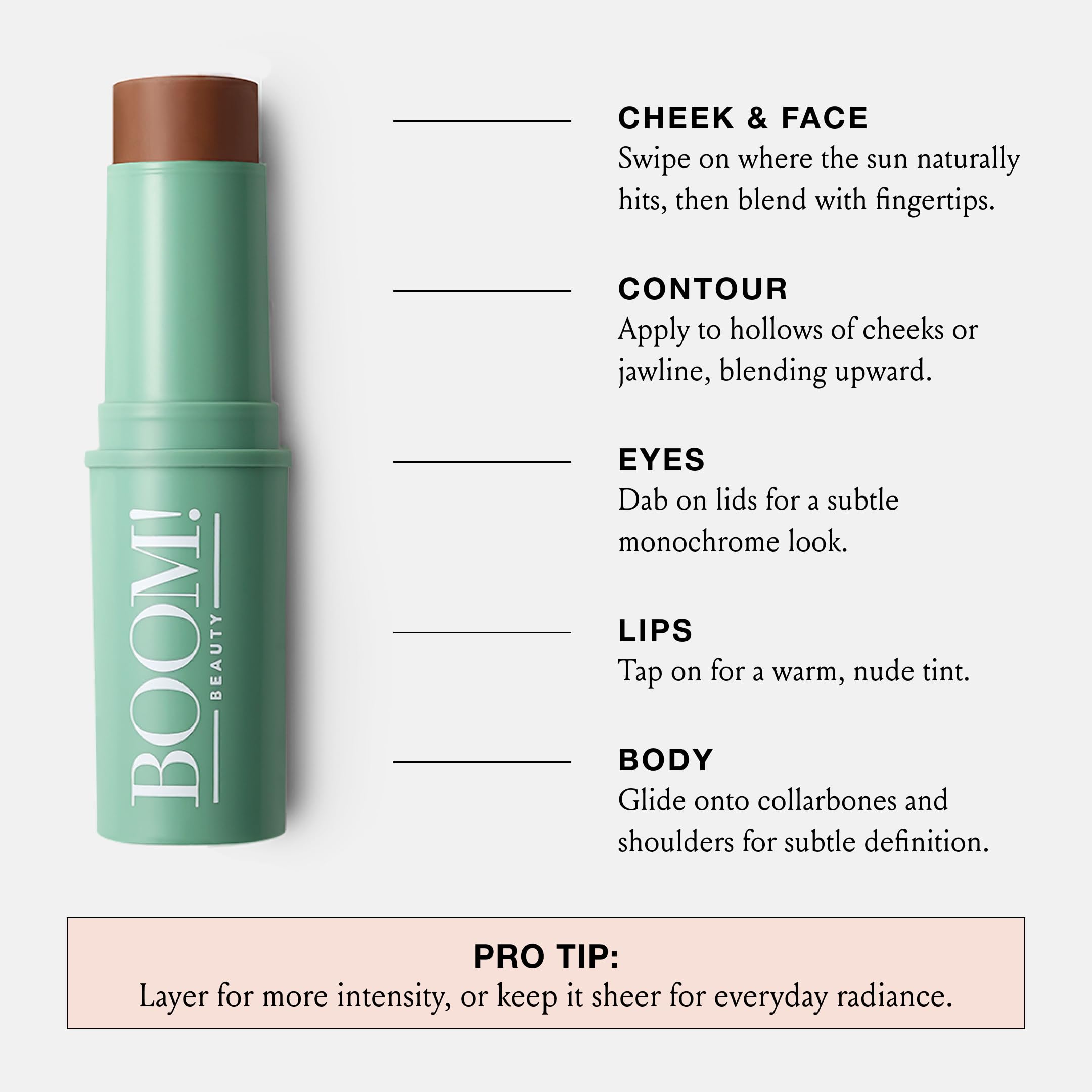 BOOM! Boomstick Bronze on lips as a bronzed tint with hydrating finish benefit