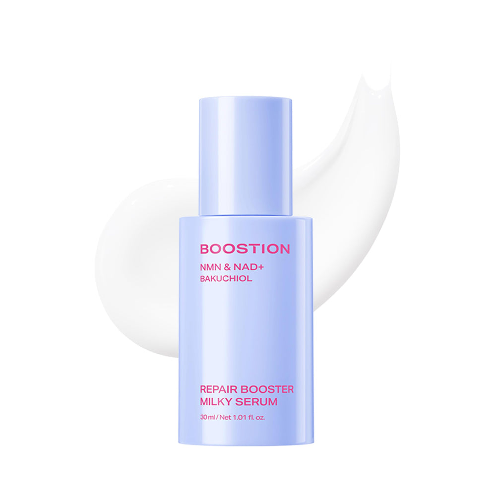 BOOSTION front bottle of milky serum showing elegant packaging and easy use