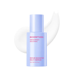 BOOSTION front bottle of milky serum showing elegant packaging and easy use