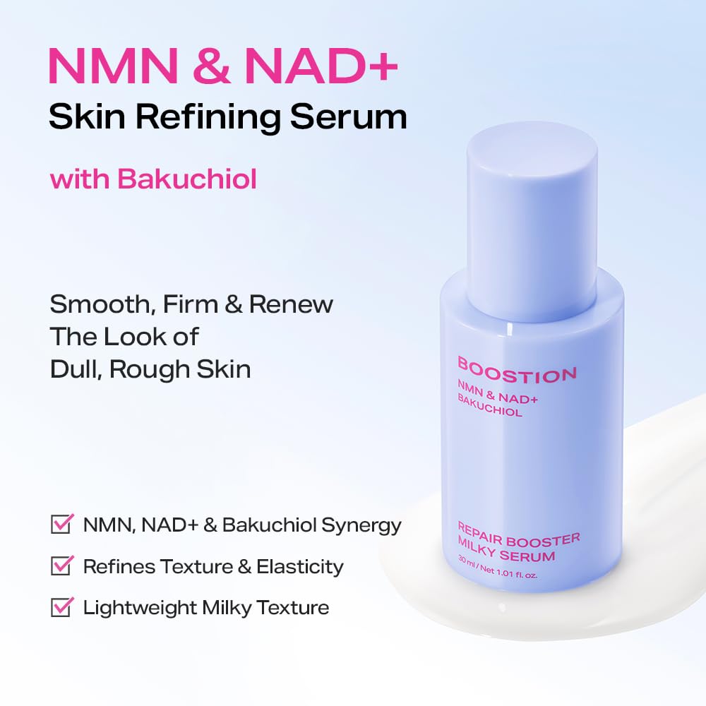 BOOSTION label close-up highlighting NMN, NAD+ and bakuchiol for clarity