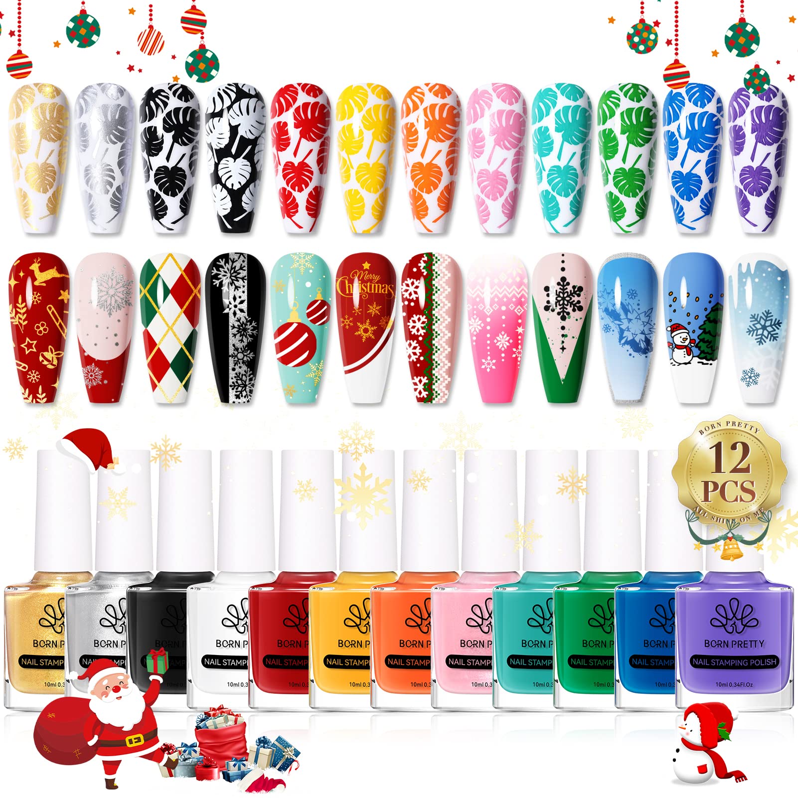 Born Pretty front packaging showing 12-color stamping set and benefits
