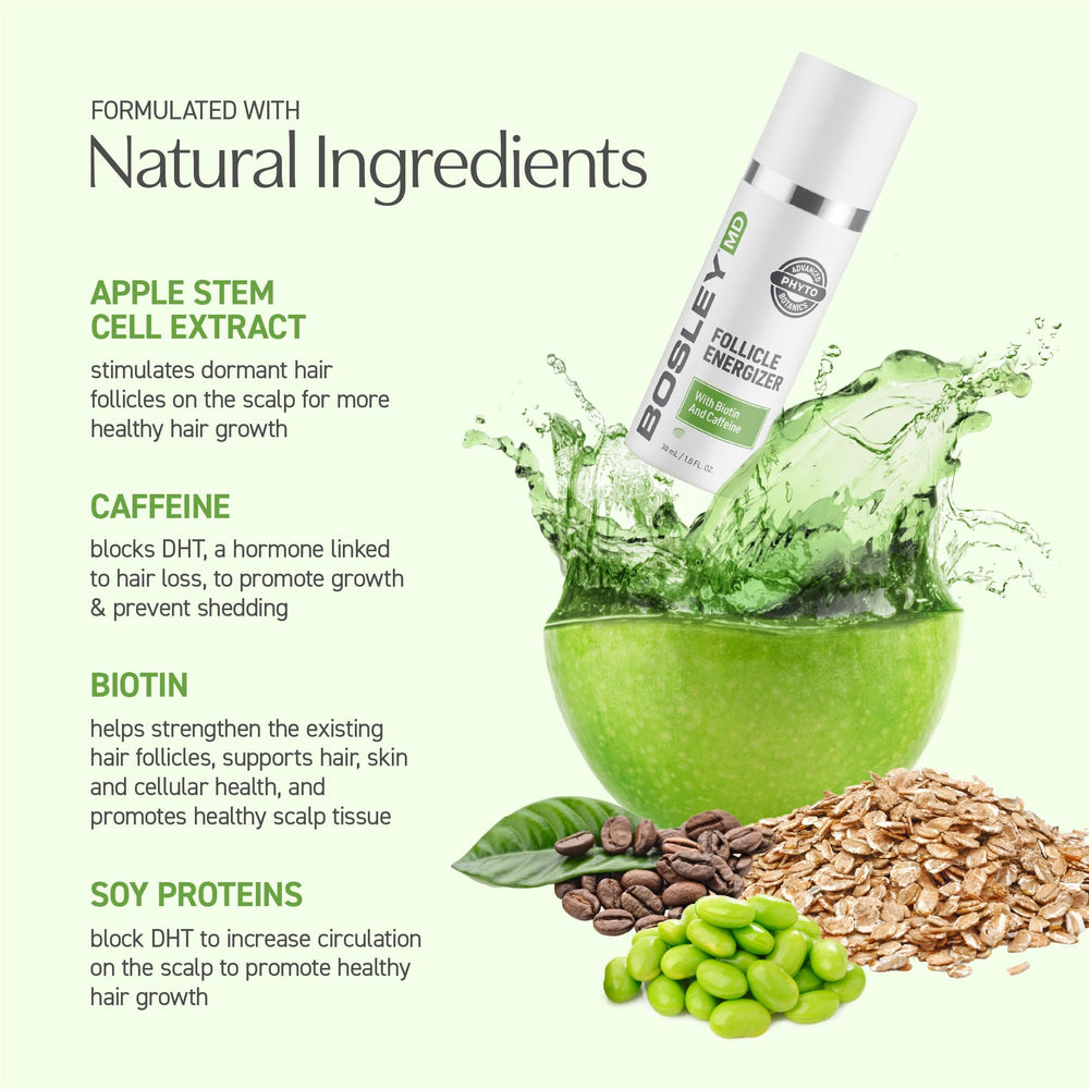 BosleyMD label close-up listing biotin and rosemary for scalp health benefit