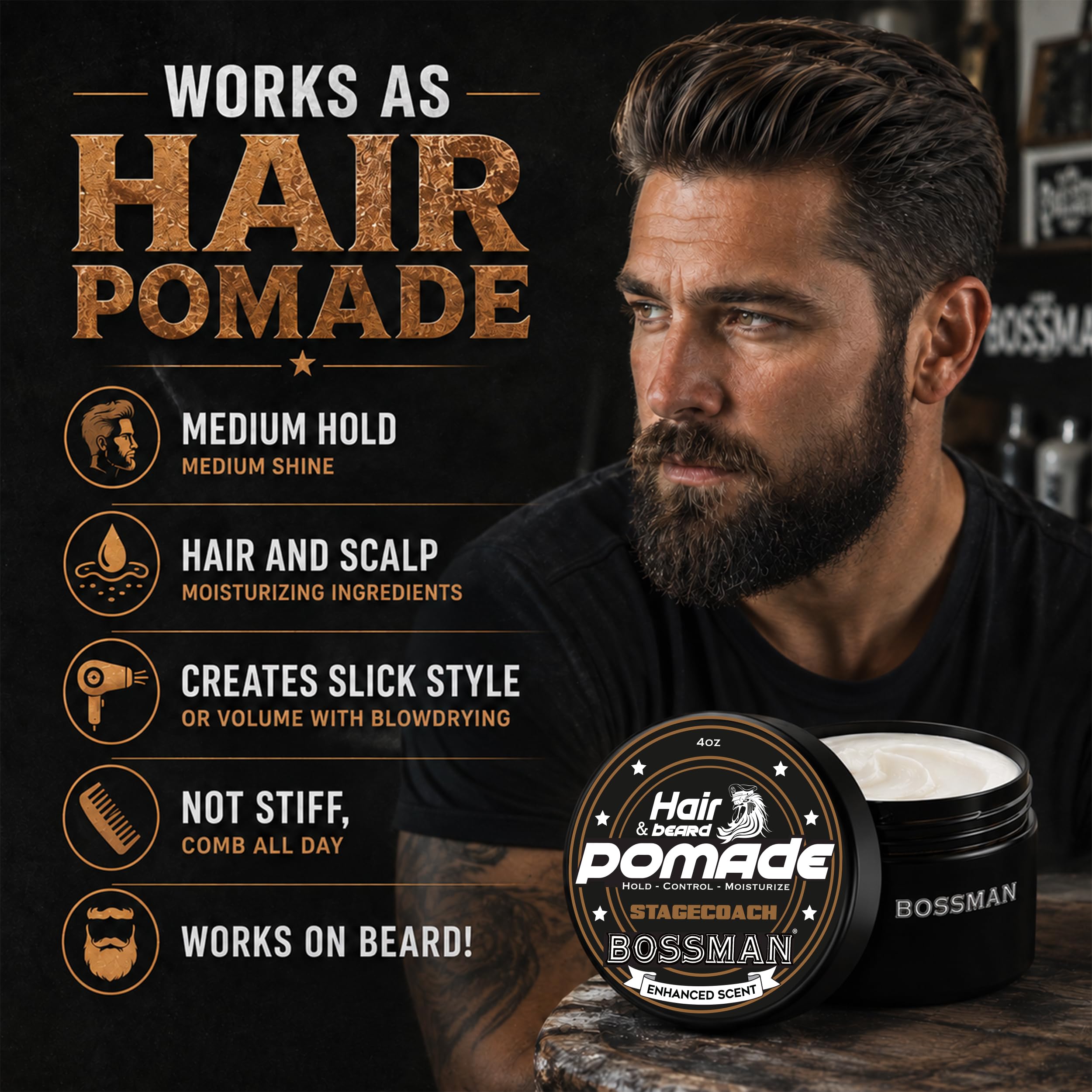 Bossman beard application closeup showing hands applying product for neat shaping