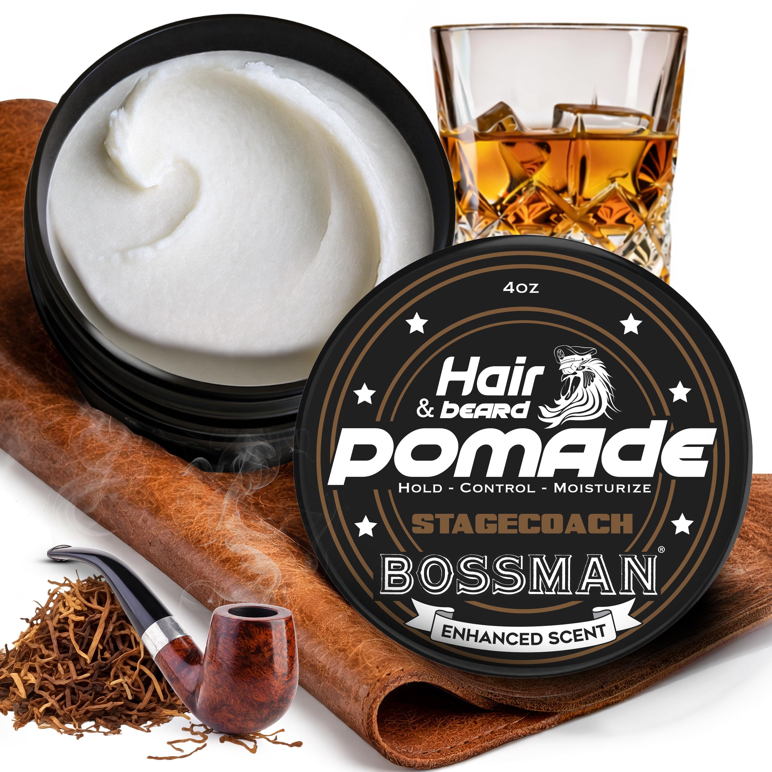 Bossman front jar Stagecoach scent showing product and label for confident styling