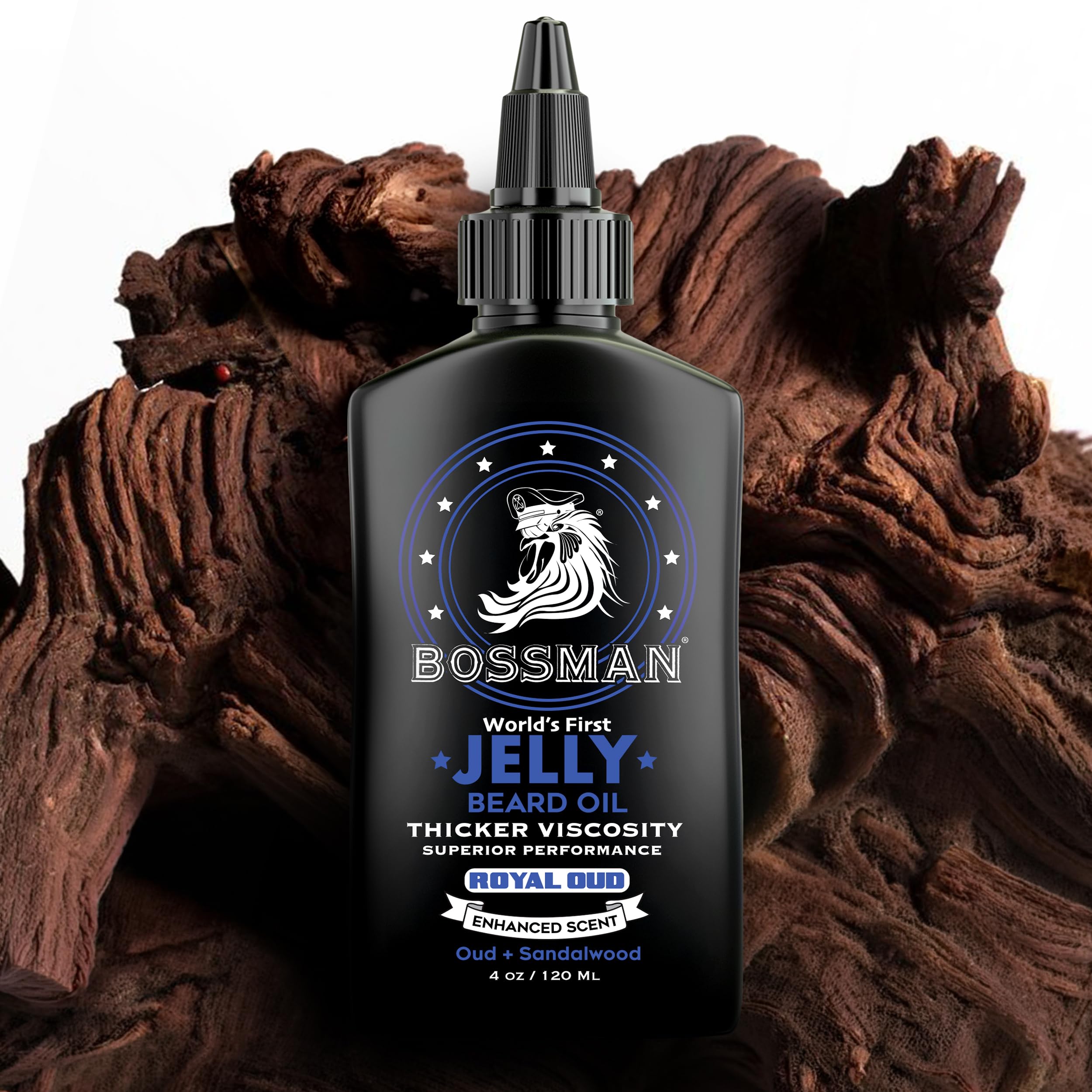 Bossman jar front packaging showing Royal Oud and 4 oz benefits