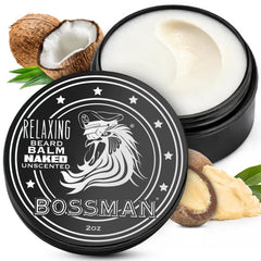 Bossman front tin showing unscented balm for easy daily grooming