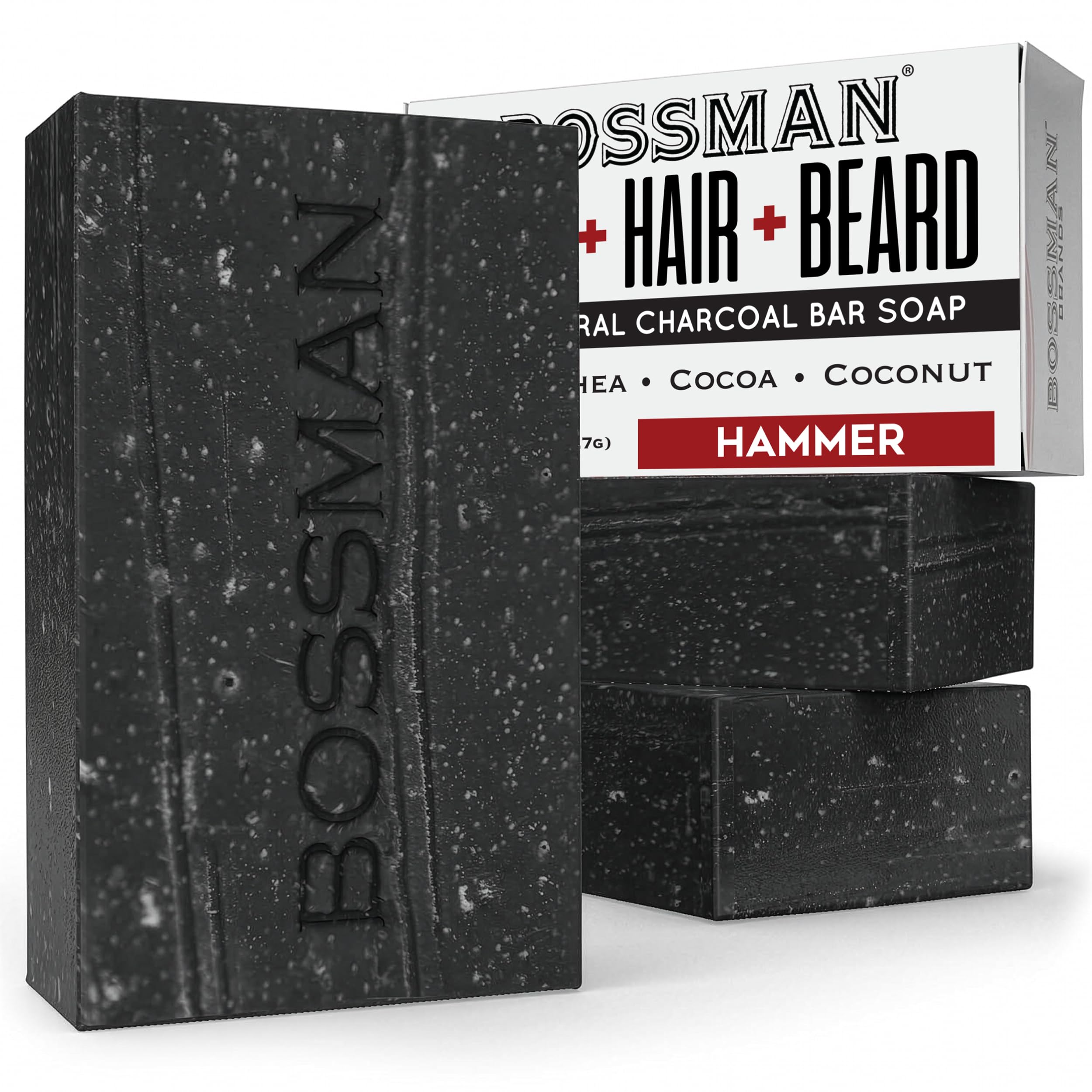 Bossman Hammer front packaging showing three charcoal soap bars and benefits