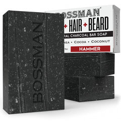 Bossman Hammer front packaging showing three charcoal soap bars and benefits