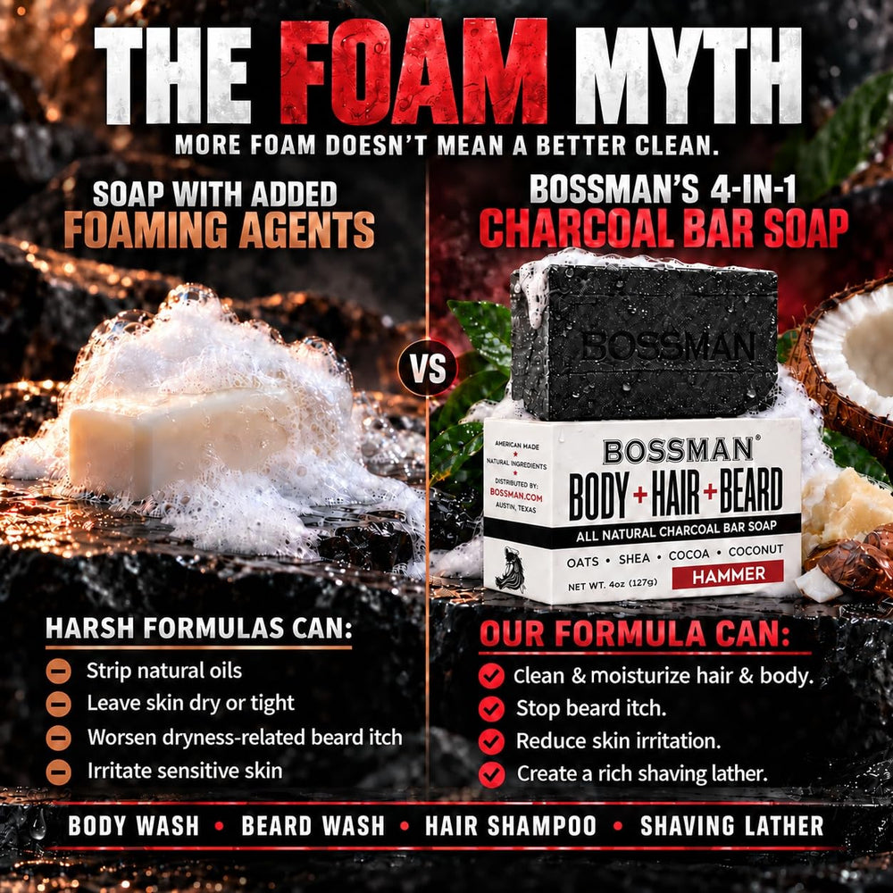 Bossman Hammer rich lather in hand demonstrating creamy shave-ready foam