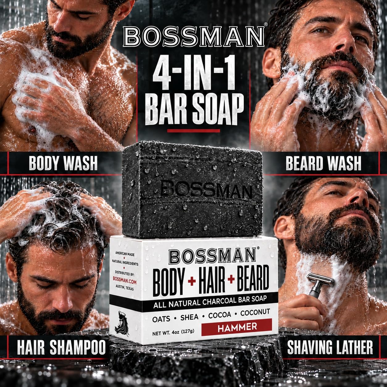 Bossman Hammer close-up texture showing porous charcoal and moisturizing oils