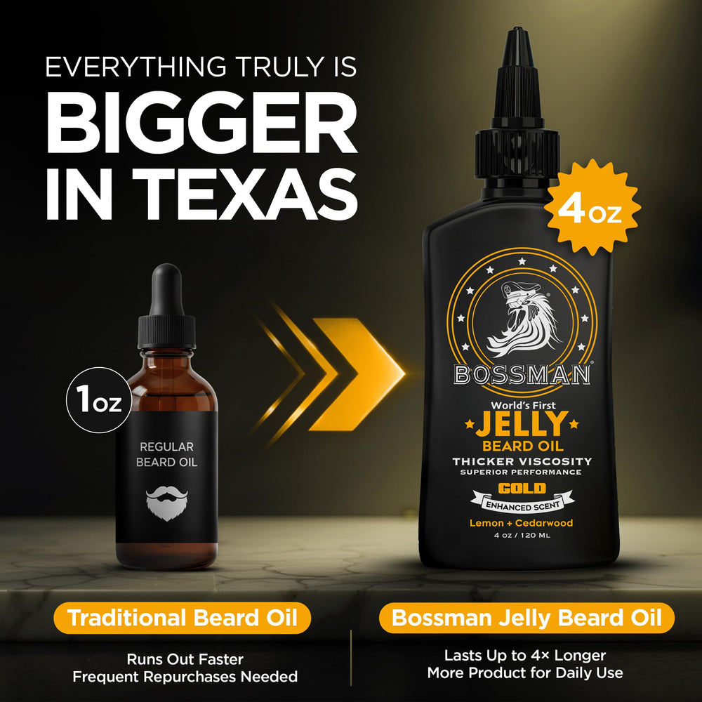 Bossman product in use applying jelly to beard for taming and conditioning