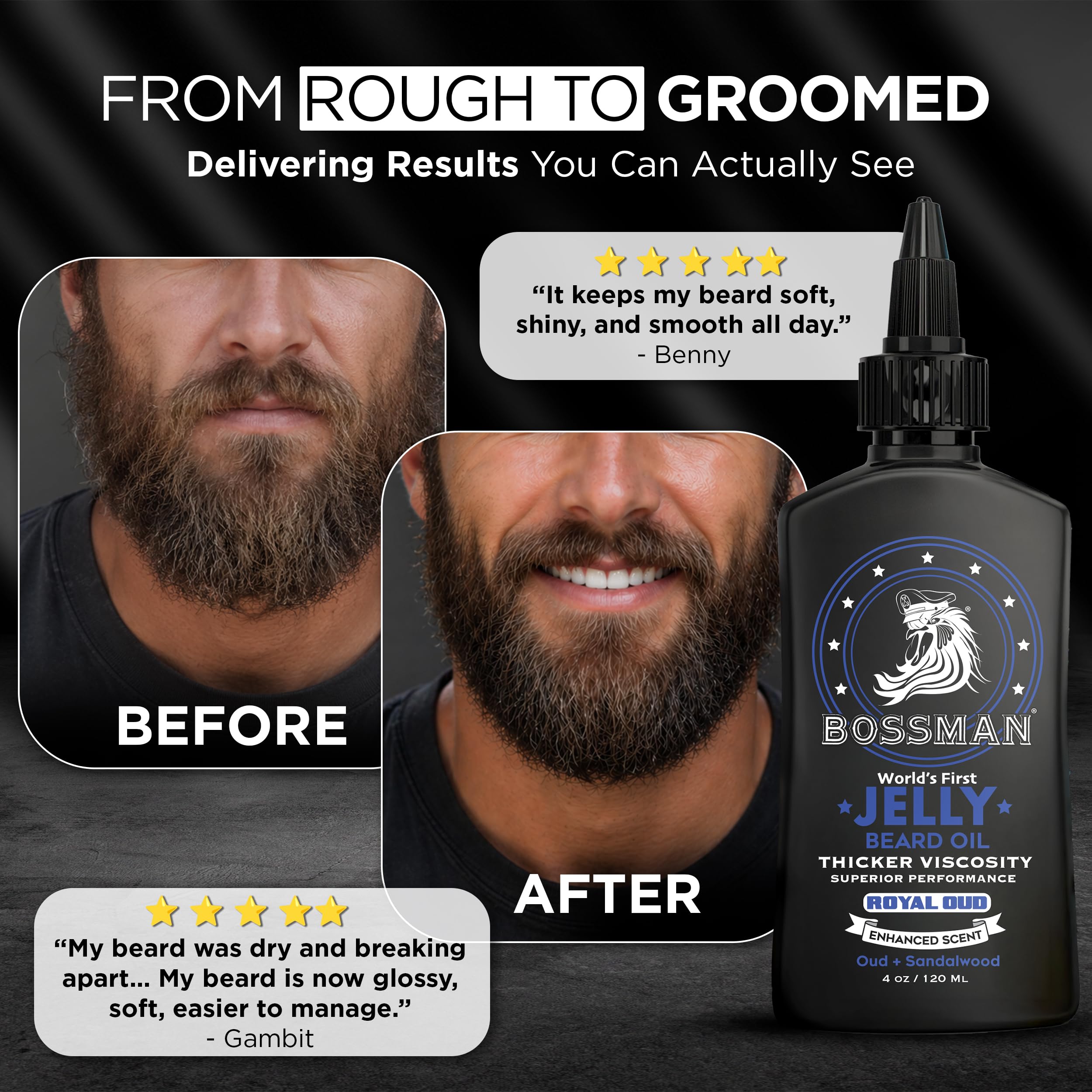 Bossman lifestyle portrait outdoors showing confident, well-groomed beard