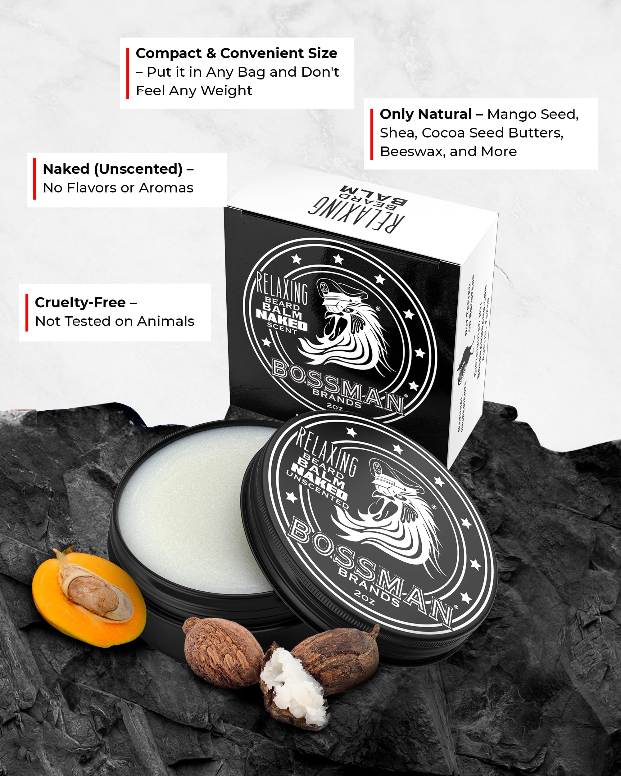 Bossman open tin texture close-up highlighting creamy balm hydration
